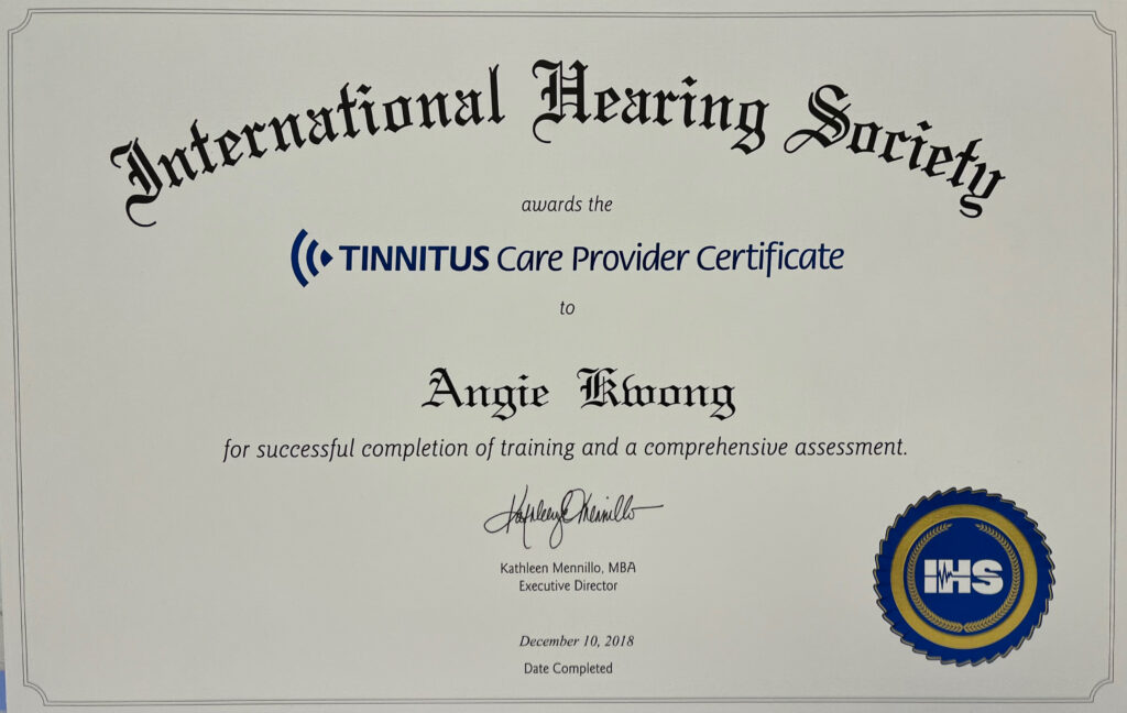 tinnitus care provider certificste angie kwong central hearing