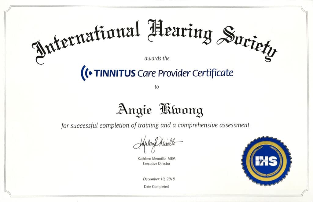 tinnitus care provider certificste angie kwong central hearing